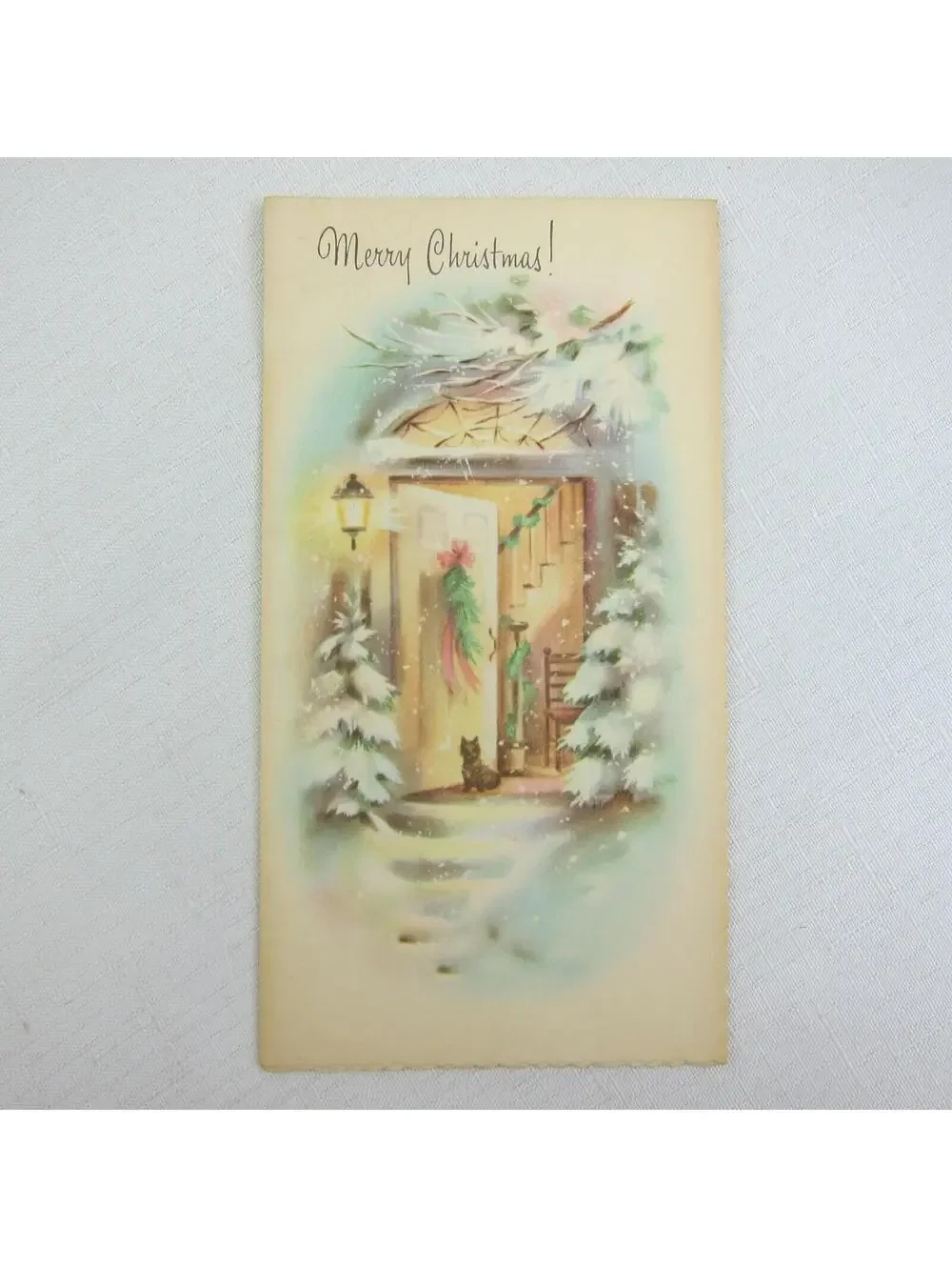 Vintage Christmas Card Scottie Scotty Dog Snowy Front Door Porch Lamp UNSIGNED